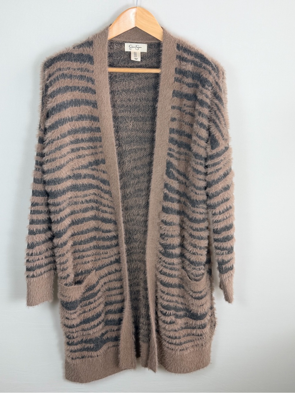 Jessica Simpson Fuzzy Zebra Stripe Cardigan 1X Eyelash Knit Long Cozy